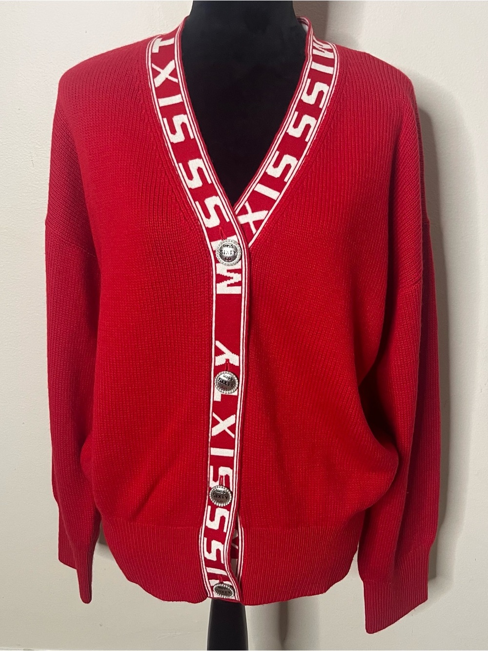 Miss Sixty Women’s Red Logo-Trim V-Neck Button Up Knit Cardigan Sweater XL~NWT
